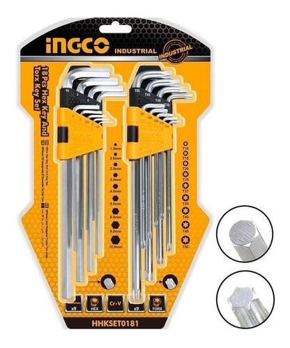 JUEGO LLAVES HEX Y TORX 18PCS INGCO